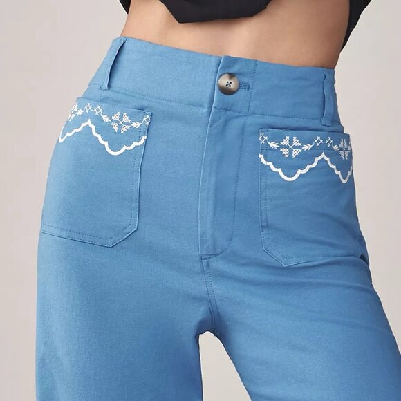 Anthropologie MAEVE Colette Lace Trim Full-Length Wide-Leg Pants Womens 29 Blue - Picture 11 of 12